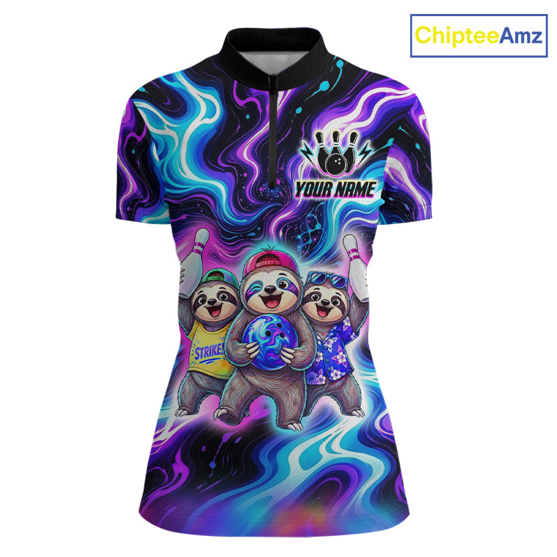 Custom Funny Sloth Bowling Jersey for Women Purple Blue Neon Bowling Team Shirts Bowling League HNT307