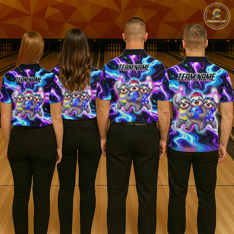 Custom Funny Sloth Bowling Jersey for Men Purple Blue Neon Bowling Team Shirts Bowling League HNT307