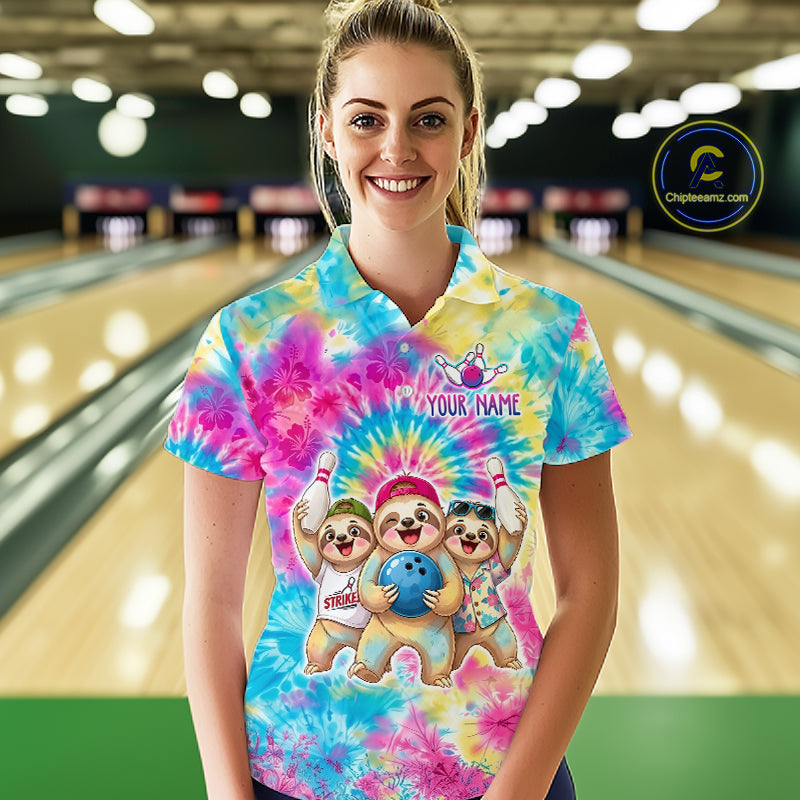 Custom Funny Sloth Bowling Jersey for Women Tropical Tie-Dye Bowling Team Shirts Bowling League HNT306