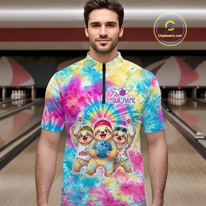 Custom Funny Sloth Bowling Jersey for Men Tropical Tie-Dye Bowling Team Shirts Bowling League HNT306