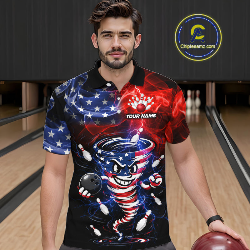 Custom Smoke US Flag Tornado Bowling Jersey for Men Bowling Team Shirts Polo & 1/4 Zip HNT480