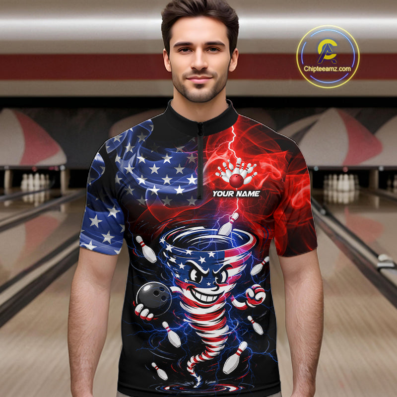 Custom Smoke US Flag Tornado Bowling Jersey for Men Bowling Team Shirts Polo & 1/4 Zip HNT480