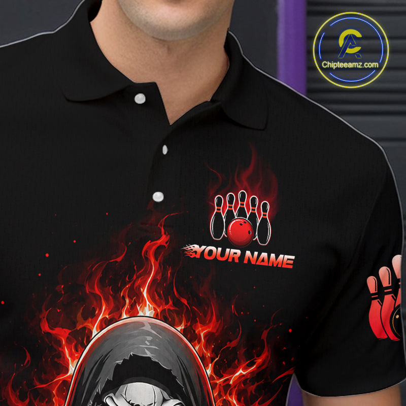 Custom Red Flame Grim Reaper Bowling Jersey for Men Bowling Team Shirts Polo & 1/4 Zip HNT479