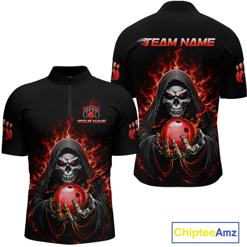 Custom Red Flame Grim Reaper Bowling Jersey for Men Bowling Team Shirts Polo & 1/4 Zip HNT479