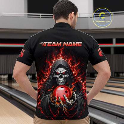 Custom Red Flame Grim Reaper Bowling Jersey for Men Bowling Team Shirts Polo & 1/4 Zip HNT479
