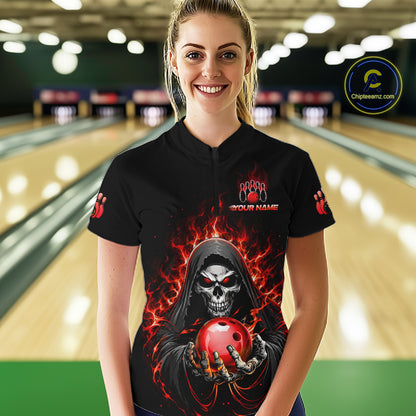 Custom Red Flame Grim Reaper Bowling Jersey for Women Bowling Team Shirts Polo & 1/4 Zip HNT479