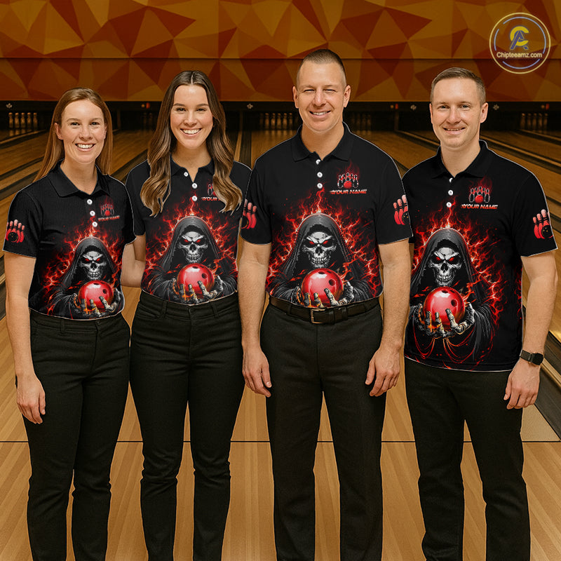 Custom Red Flame Grim Reaper Bowling Jersey for Men Bowling Team Shirts Polo & 1/4 Zip HNT479