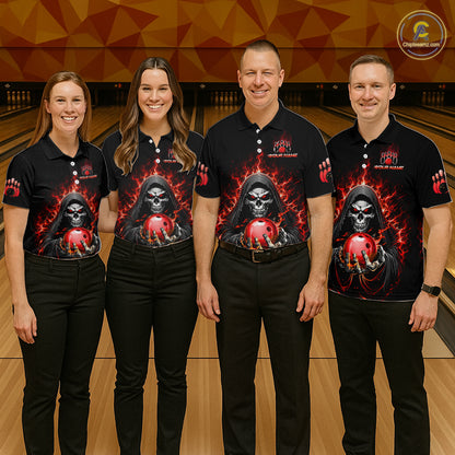 Custom Red Flame Grim Reaper Bowling Jersey for Men Bowling Team Shirts Polo & 1/4 Zip HNT479