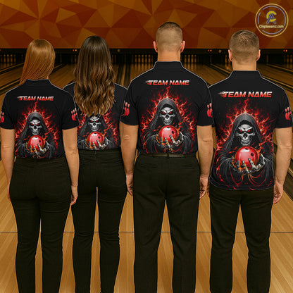 Custom Red Flame Grim Reaper Bowling Jersey for Men Bowling Team Shirts Polo & 1/4 Zip HNT479