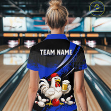 Load image into Gallery viewer, Woman wearing a blue and black bowling polo featuring a chicken holding a beer mug, red bowling ball, scattered pins, and custom team name text.