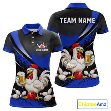 Load image into Gallery viewer, Front and back views of a blue and black bowling polo featuring a chicken holding a beer mug, red bowling ball, scattered pins, and custom team text.