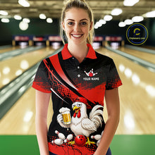 Load image into Gallery viewer, Woman wearing a red and black bowling polo featuring a chicken holding a beer mug, red bowling ball, scattered pins, and custom your name text.