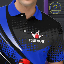 Load image into Gallery viewer, Black and blue polo shirt with a bowling design and 'Your Name' text on a dark background.