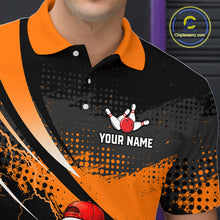 Load image into Gallery viewer, Black and orange bowling shirt with a red bowling ball and white pins design, featuring 'Your Name' text.