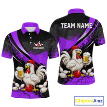 Load image into Gallery viewer, Front and back views of a purple and black bowling polo featuring a cartoon chicken holding a beer mug, red bowling ball, scattered pins, and custom team text.