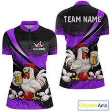 Load image into Gallery viewer, Front and back views of a purple and black bowling quarter zip featuring a chicken holding a beer mug, red bowling ball, scattered pins, and custom team text.