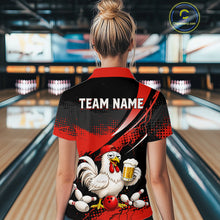 Load image into Gallery viewer, Woman wearing a red and black bowling quarter zip featuring a chicken holding a beer mug, red bowling ball, scattered pins, and custom team name text.