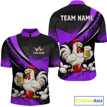 Load image into Gallery viewer, Front and back views of a purple and black bowling quarter zip featuring a cartoon chicken holding a beer mug, red bowling ball, scattered pins, and custom team text