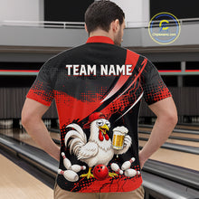 Load image into Gallery viewer, Man wearing a red and black bowling quarter zip featuring a chicken holding a beer mug, red bowling ball, scattered pins, and custom team name text.