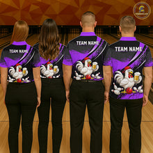 Load image into Gallery viewer, Four people wearing purple and black bowling polo featuring a chicken holding a beer mug, red bowling ball, scattered pins, and custom team name text.