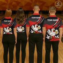 Load image into Gallery viewer, Four people wearing red and black bowling polo featuring a chicken holding a beer mug, red bowling ball, scattered pins, and custom team name text.