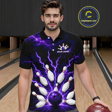 Load image into Gallery viewer, Men wearing personalized bowling polo with purple lightning framing a bowling ball and pins beneath team and player names