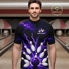 Load image into Gallery viewer, Men wearing personalized bowling quarter zip with purple lightning framing a bowling ball and pins beneath team and player names