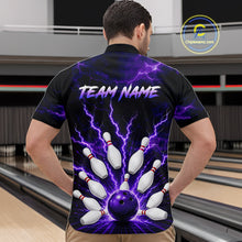 Load image into Gallery viewer, Men wearing personalized bowling quarter zip with purple lightning framing a bowling ball and pins beneath team and player names