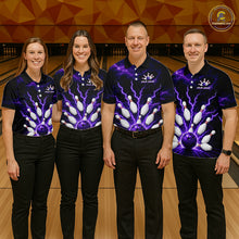 Load image into Gallery viewer, Four people wearing personalized bowling polo with purple lightning framing a bowling ball and pins beneath team and player names