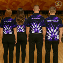 Load image into Gallery viewer, Four people wearing personalized bowling polo with purple lightning framing a bowling ball and pins beneath team and player names