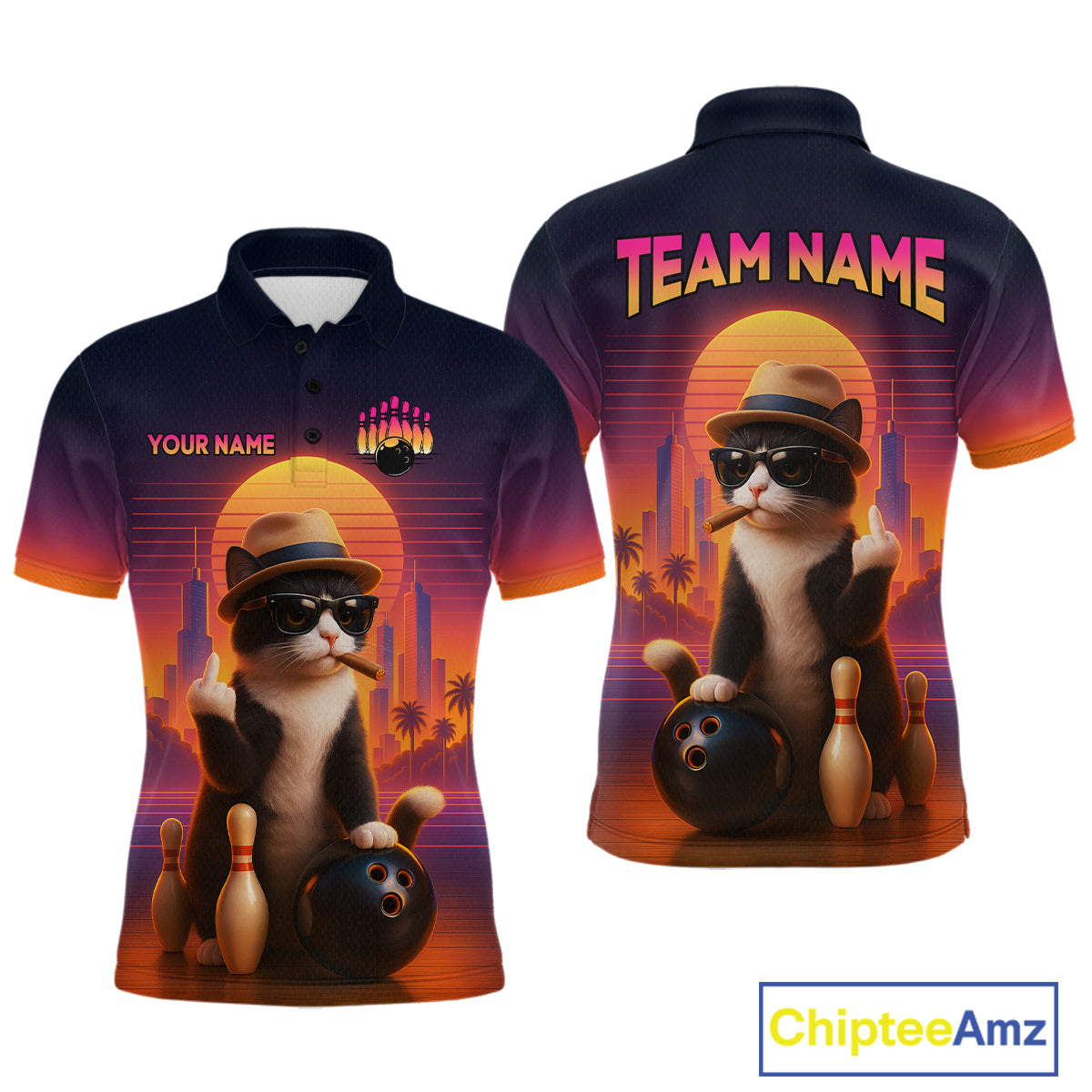 Custom retro funnt cat bowling jersey for men, personalized team bowling polo shirt front view and back view