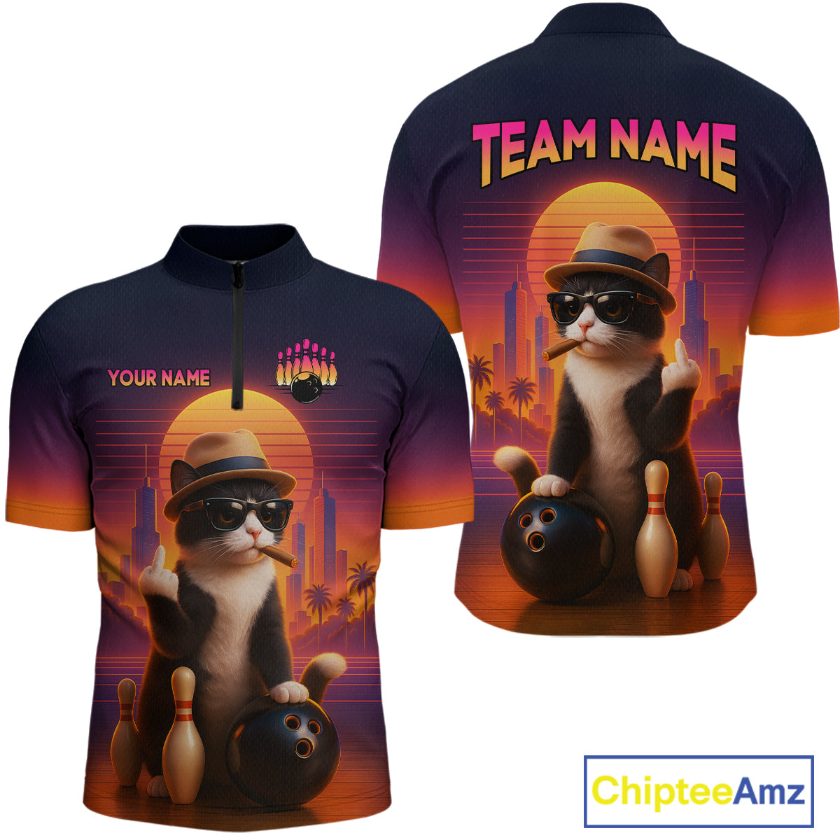 Custom retro funnt cat bowling jersey for men, personalized team bowling quarter zip shirt front view and back view