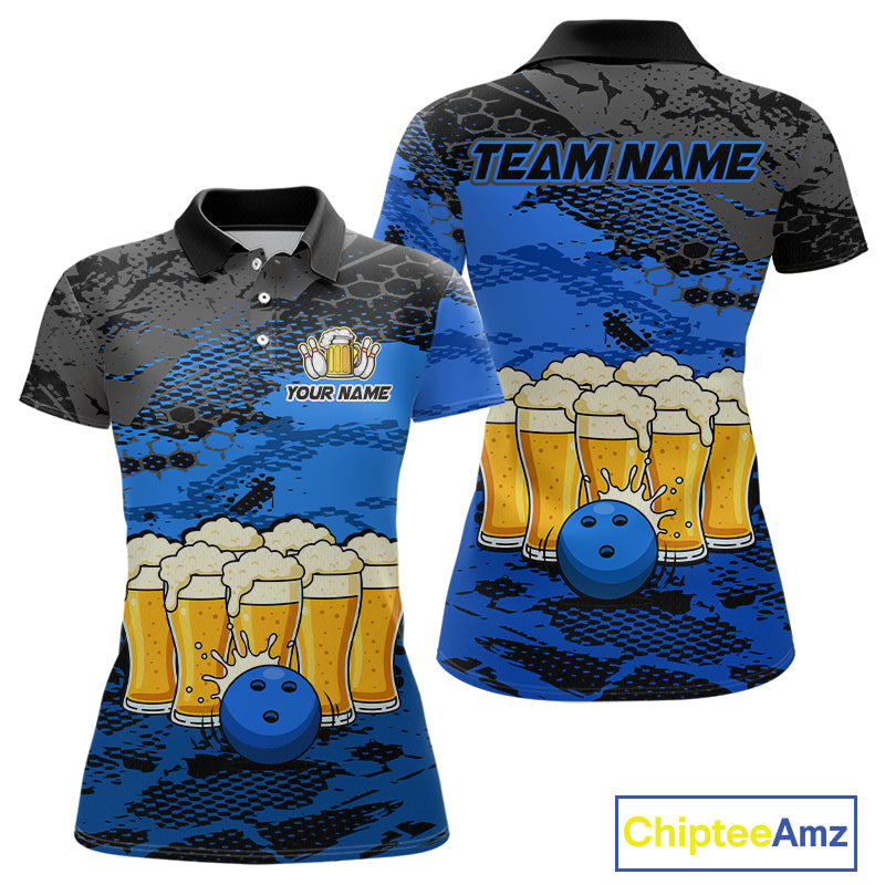 Custom Blue Beer Bowling Shirts for Women Bowling Team Jersey Bowling League Polo & 1/4 Zip HNT493
