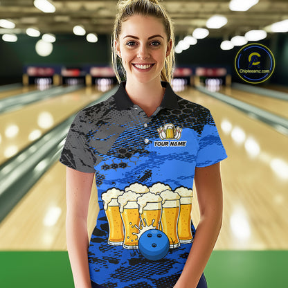 Custom Blue Beer Bowling Shirts for Women Bowling Team Jersey Bowling League Polo & 1/4 Zip HNT493