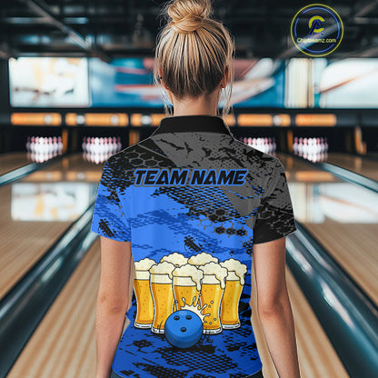 Custom Blue Beer Bowling Shirts for Women Bowling Team Jersey Bowling League Polo & 1/4 Zip HNT493