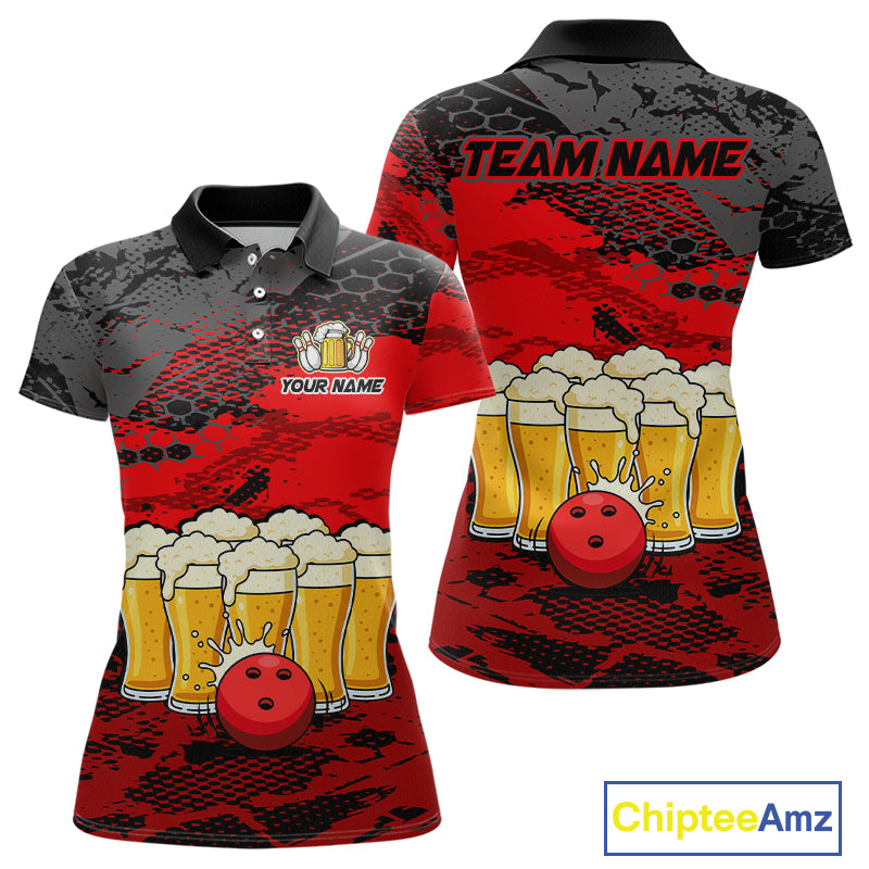 Custom Red Beer Bowling Shirts for Women Bowling Team Jersey Bowling League Polo & 1/4 Zip HNT493