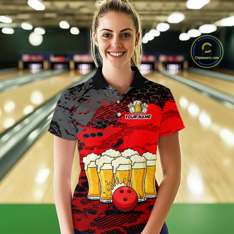 Custom Red Beer Bowling Shirts for Women Bowling Team Jersey Bowling League Polo & 1/4 Zip HNT493