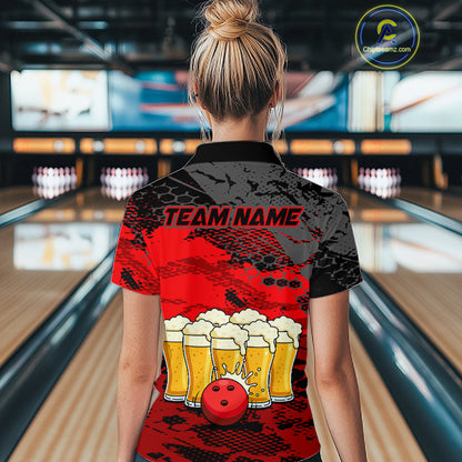 Custom Red Beer Bowling Shirts for Women Bowling Team Jersey Bowling League Polo & 1/4 Zip HNT493