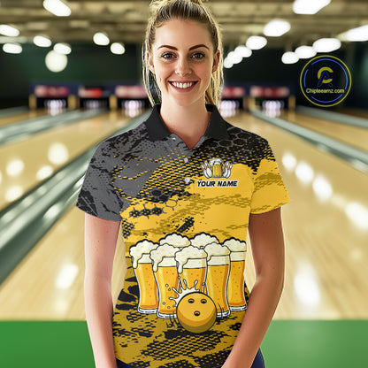 Custom Yellow Beer Bowling Shirts for Women Bowling Team Jersey Bowling League Polo & 1/4 Zip HNT493