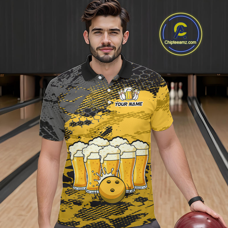 Custom Yellow Beer Bowling Shirts for Men Bowling Team Jersey Bowling League Polo & 1/4 Zip HNT493