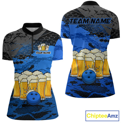 Custom Blue Beer Bowling Shirts for Women Bowling Team Jersey Bowling League Polo & 1/4 Zip HNT493