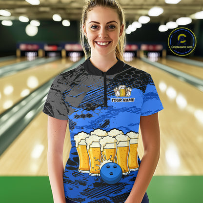 Custom Blue Beer Bowling Shirts for Women Bowling Team Jersey Bowling League Polo & 1/4 Zip HNT493