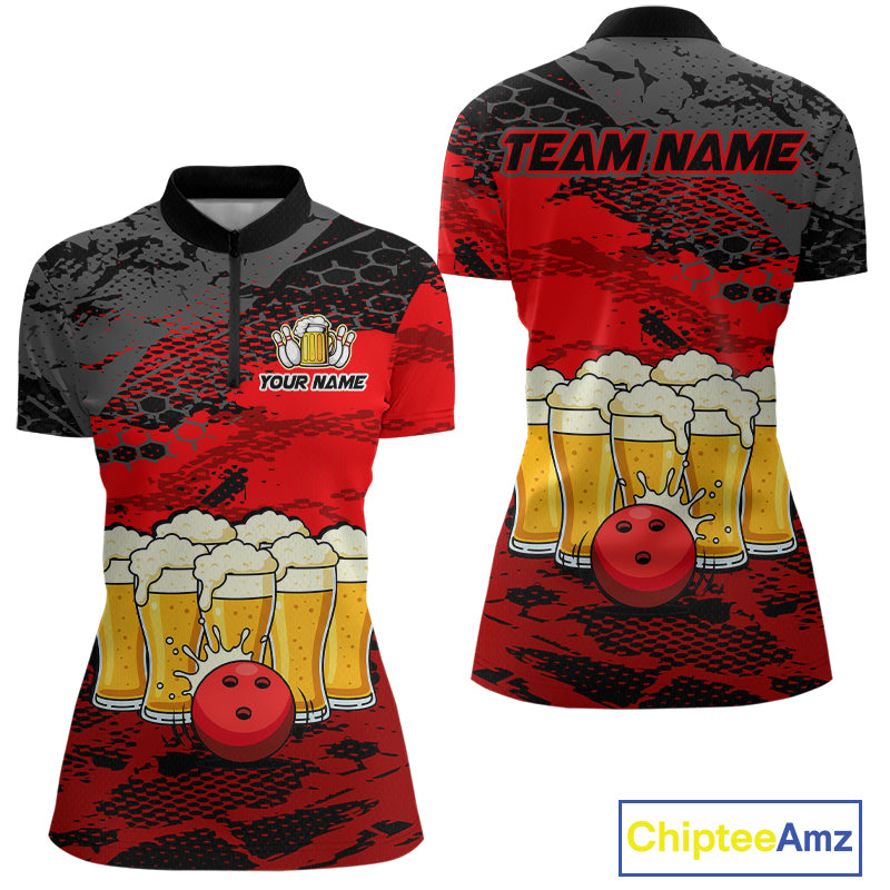 Custom Red Beer Bowling Shirts for Women Bowling Team Jersey Bowling League Polo & 1/4 Zip HNT493