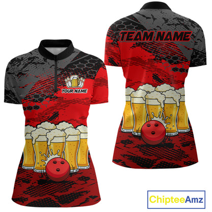 Custom Red Beer Bowling Shirts for Women Bowling Team Jersey Bowling League Polo & 1/4 Zip HNT493