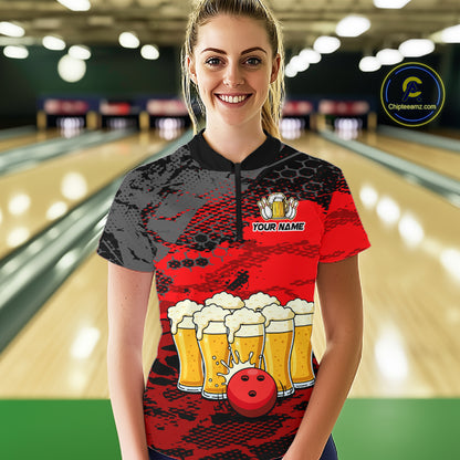Custom Red Beer Bowling Shirts for Women Bowling Team Jersey Bowling League Polo & 1/4 Zip HNT493