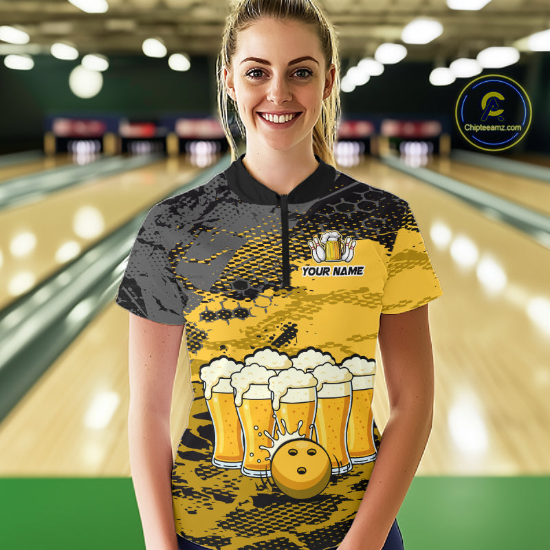 Custom Yellow Beer Bowling Shirts for Women Bowling Team Jersey Bowling League Polo & 1/4 Zip HNT493