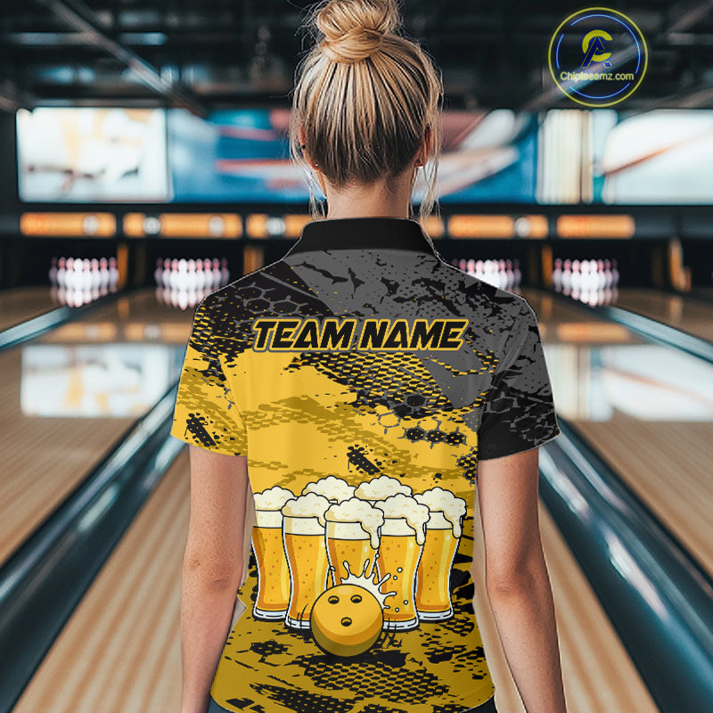 Custom Yellow Beer Bowling Shirts for Women Bowling Team Jersey Bowling League Polo & 1/4 Zip HNT493