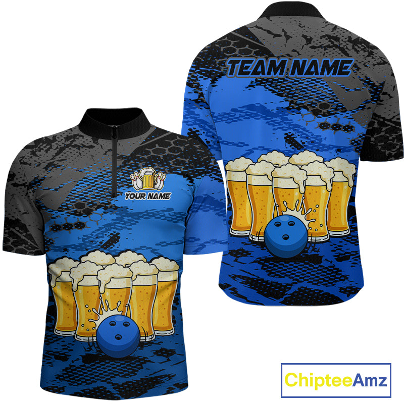Custom Blue Beer Bowling Shirts for Men Bowling Team Jersey Bowling League Polo & 1/4 Zip HNT493