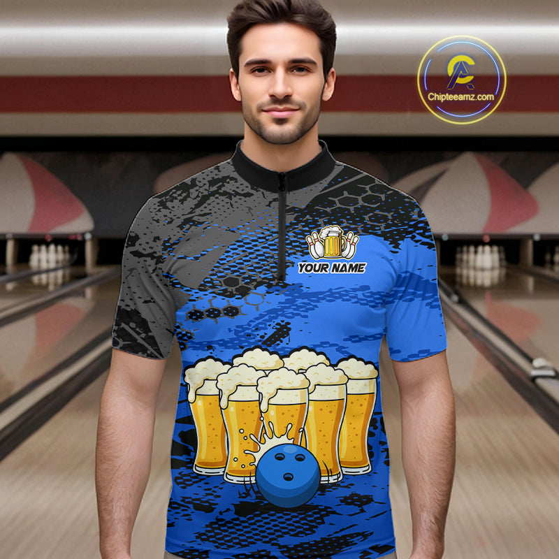 Custom Blue Beer Bowling Shirts for Men Bowling Team Jersey Bowling League Polo & 1/4 Zip HNT493