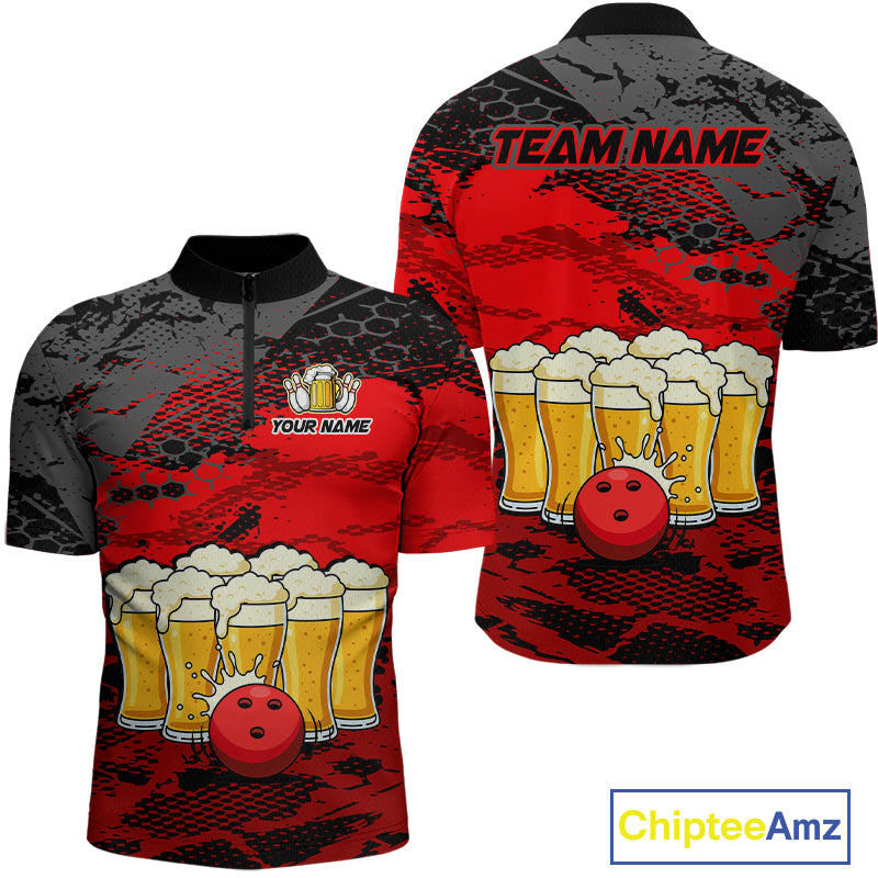Custom Red Beer Bowling Shirts for Men Bowling Team Jersey Bowling League Polo & 1/4 Zip HNT493